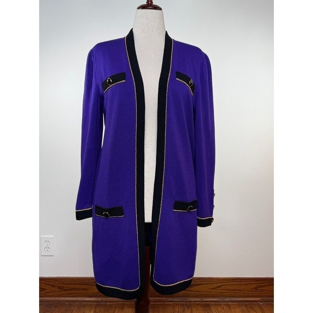 St John Collection Marie Gray Purple Knit Long Cardigan Black Gold Trim Medium